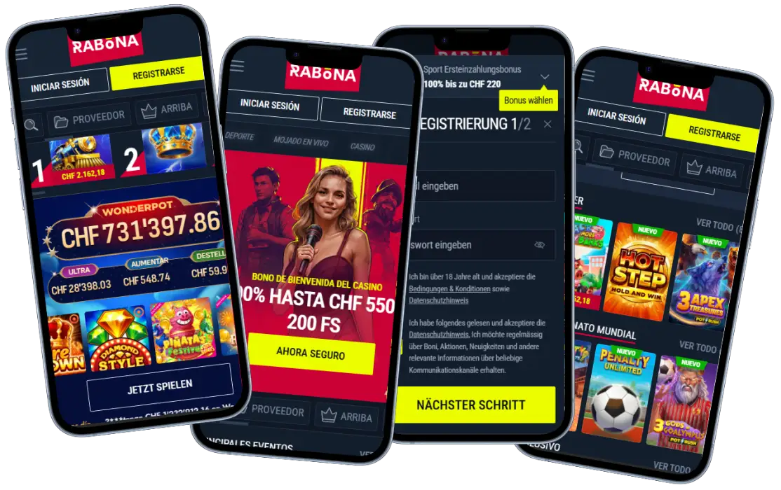 Rabona Casino Aplicación Móvil Rabona Casino aplicación móvil con juegos, bonos y formulario de registro en dispositivos móviles